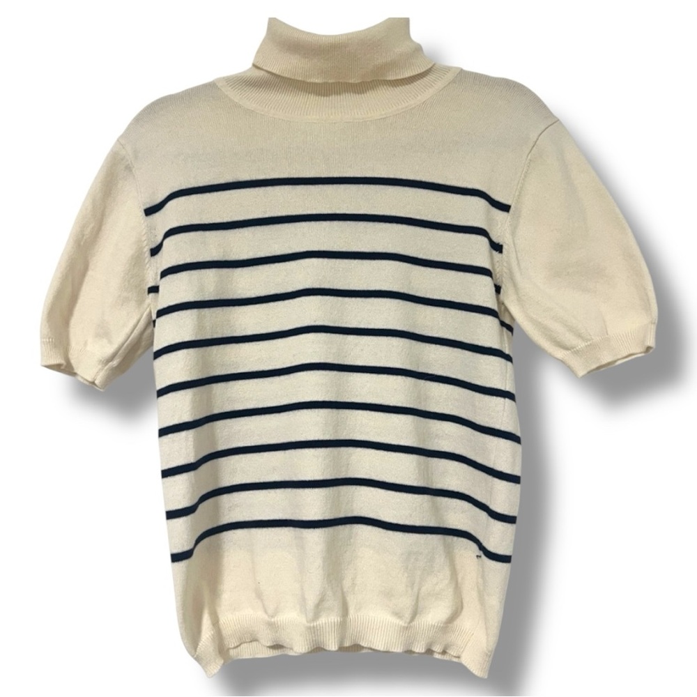 Vigoss Women's 100% Cotton Short Sleeve Turtle Neck Sweater White Blue Stripe XL